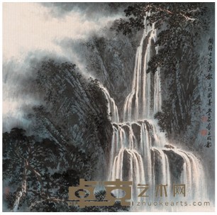 岑学恭 1982年作 松崖飞瀑 立轴 51.5×52cm